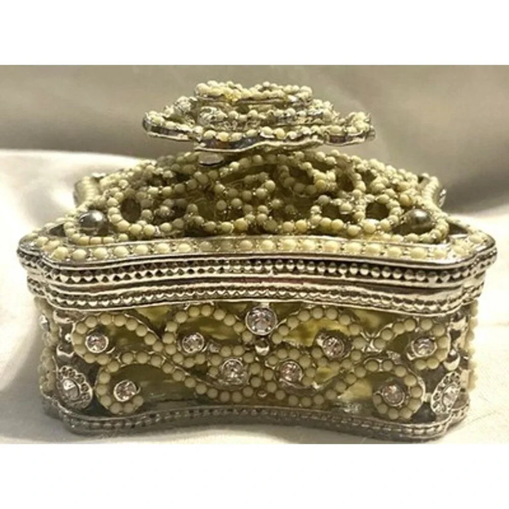 Vintage Silver Tone Beaded Trinket Box